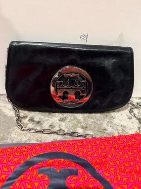 Tory Burch Black Leather Chain Clutch with Silver Logo